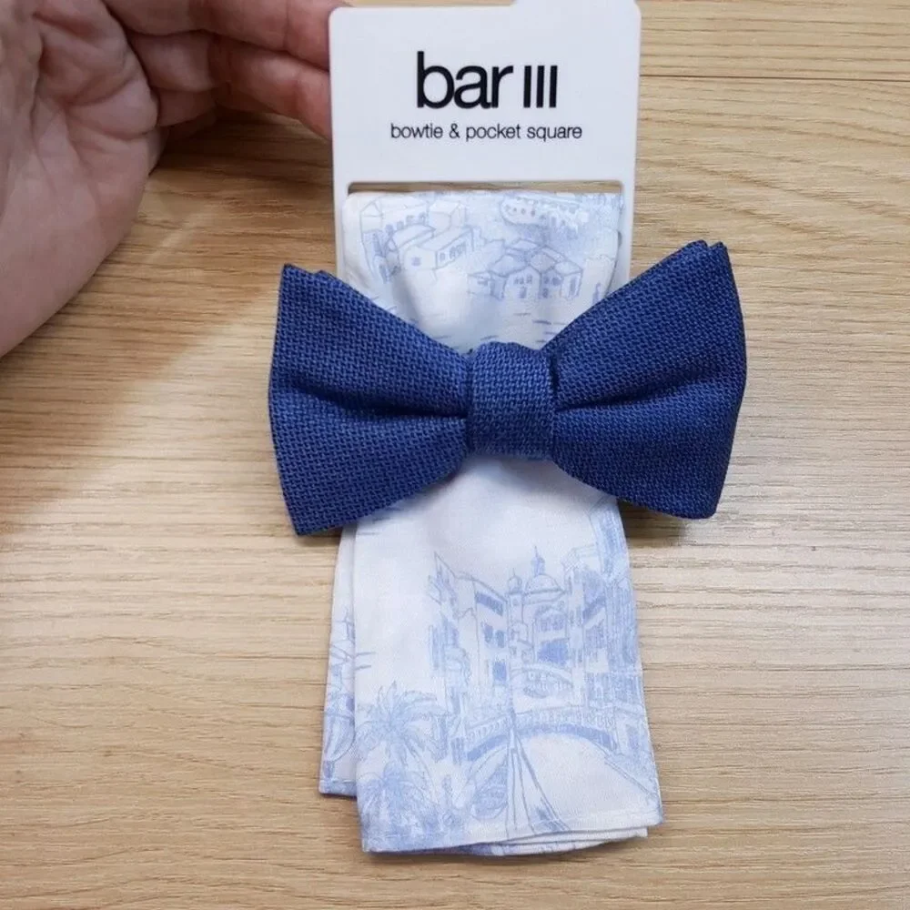 BAR III Mens Blue Textured Bow Tie + White Toile City Scenic Pocket Square Set